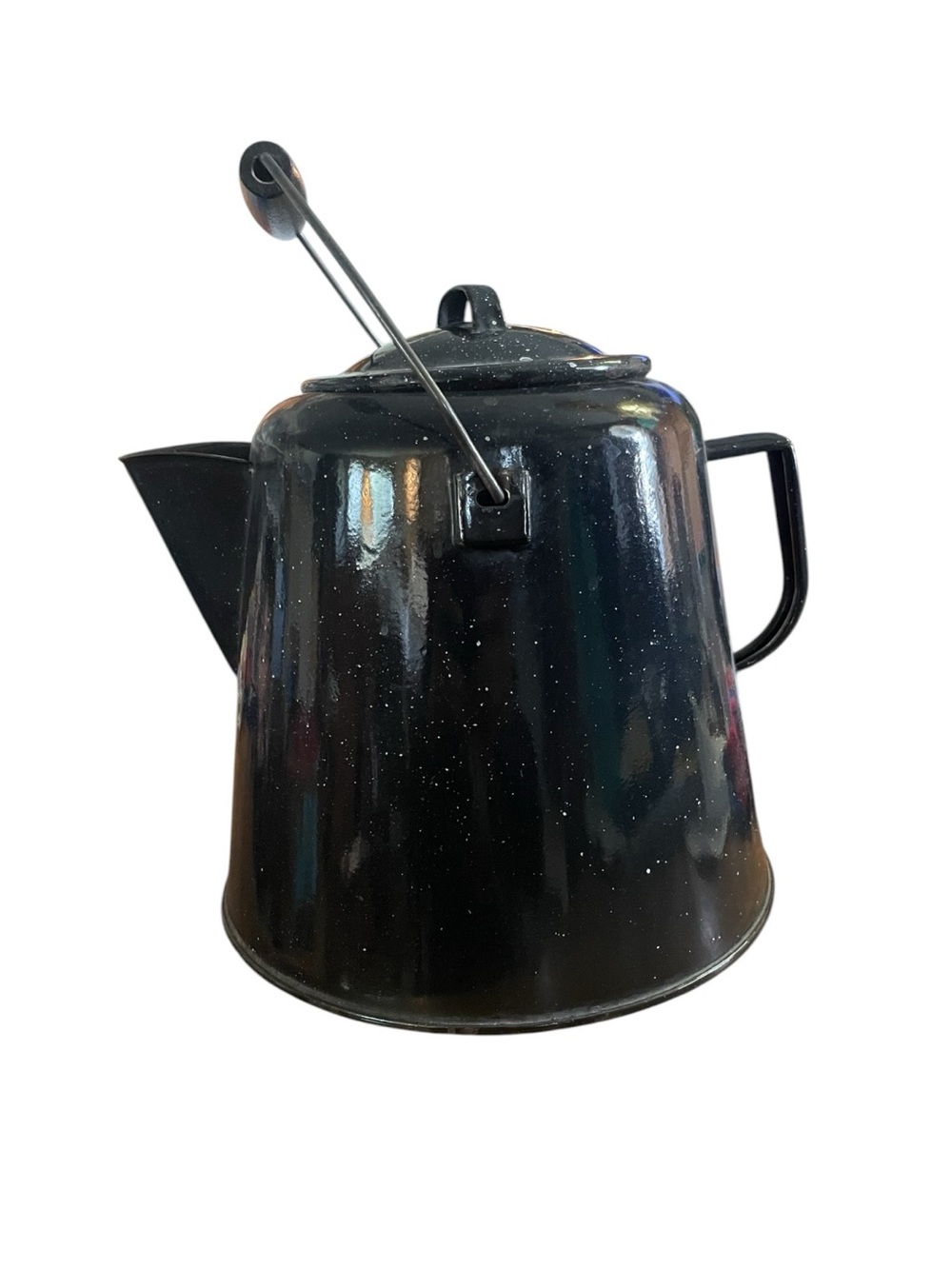 Rare Vintage Black and White Speckled Enamelware Cowboy Coffee Pot  extra large